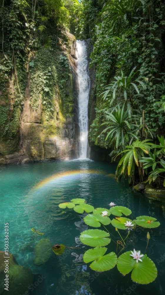 Naklejka premium Serene Waterfall in Lush Tropical Rainforest with Water Lilies