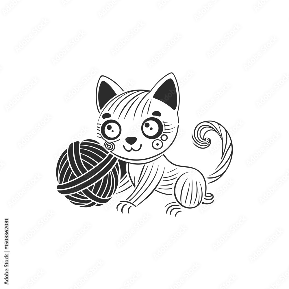 Obraz premium Cute Kitten Playing with Yarn Kids Coloring Page Vector
