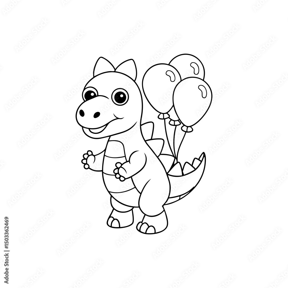 Obraz premium Friendly Dinosaur with Balloons Kids Coloring Page Vector