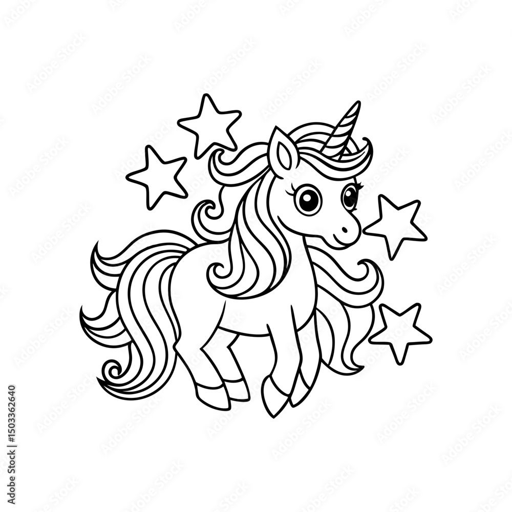 Obraz premium Magical Unicorn Surrounded by Stars Kids Coloring Page Vector