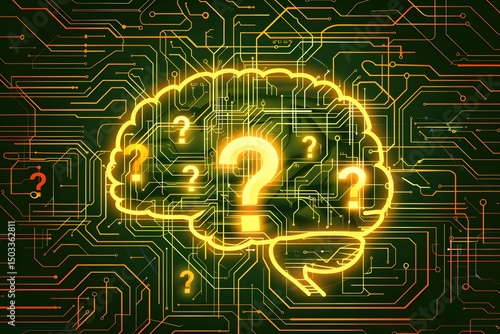 A glowing brain outline with question marks illuminates a circuit board background, symbolizing the mysteries of artificial intelligence and cognitive processes.