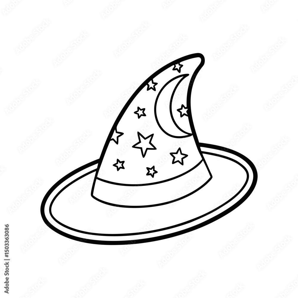 Fototapeta premium Wizard Hat with Stars and Moon Kids Coloring Page Vector