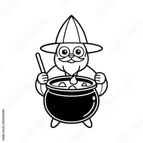 Wizard Mixing a Potion in a Bowl Kids Coloring Page Vector