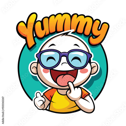 Cheerful cartoon boy wearing glasses exclaims yummy with finger licking in vibrant colors