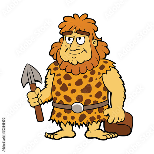Cheerful cartoon caveman in animal print apparel holds axe while carrying object bag