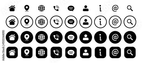 Visiting card or business card icon set in black and white vector collection. Contains name, phone, location, place, website, mail, search, home and info icons.