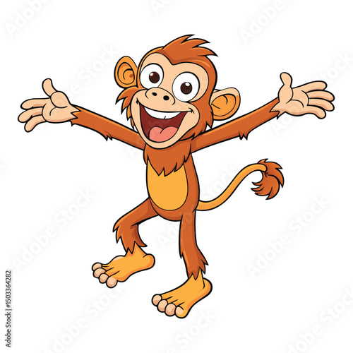 Cheerful cartoon monkey joyfully spreads its arms wide in a playful, welcoming gesture