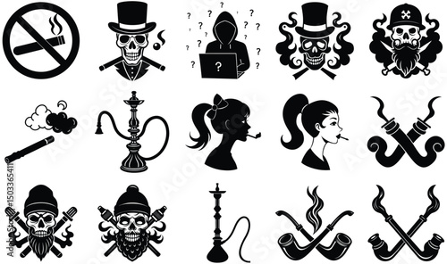 Set of vector illustrations depicting smoking related icons and symbols in black and white