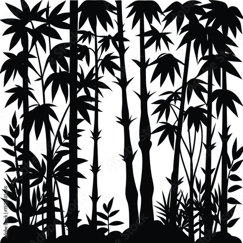 Silhouette of a dense bamboo forest against a white background perfect for design elements