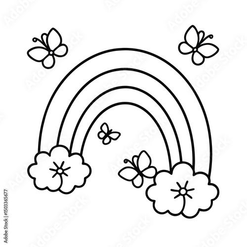 cute rainbow with butterflies and flowers coloring page 