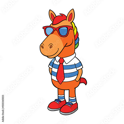 Cheerful orange horse cartoon character smiles, wearing sunglasses and business attire