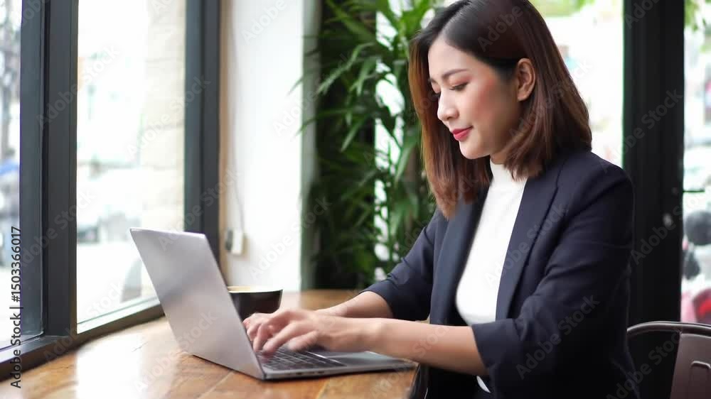 Confident young asian woman is working with a laptop remotely in a cafe during the day. Freelancer or businesswoman concept footage. Confident young asian woman is working with a laptop remotely in a cafe during the day. Freelancer or businesswoman concept footage.
