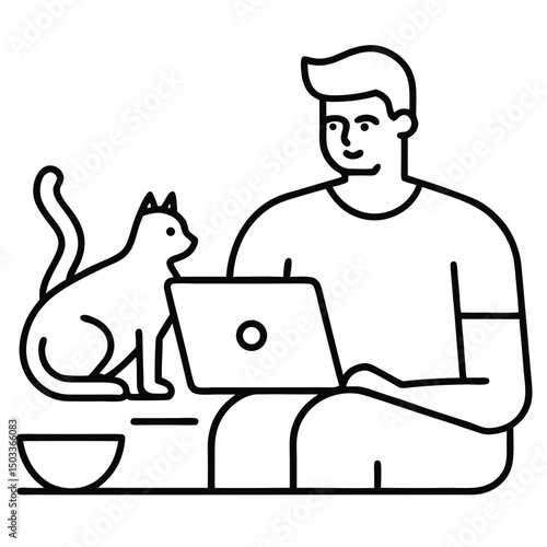 Cartoon vector illustration of a man with a cat and laptop working in an office kitchen