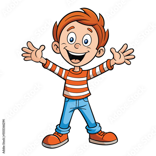 Cheerful redhaired cartoon boy in blue jeans happily raises both his arms out wide