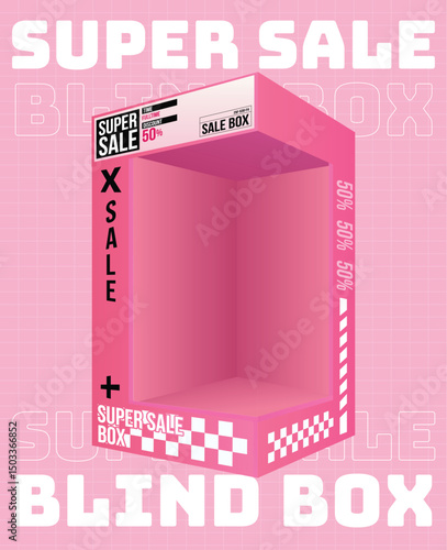 Editable flat illustration of a pink blind box for sales promotion. Suitable for marketing materials, social media ads, or retail packaging templates.