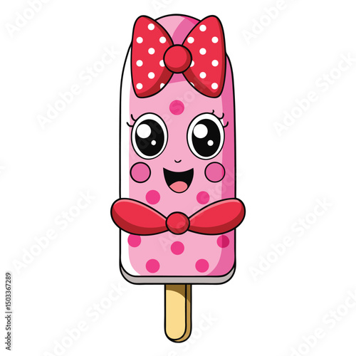 Cute cartoon pink popsicle character with bows and polka dots smiles gently on white