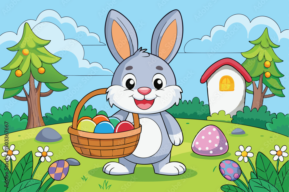 Fototapeta premium Cute Easter Bunny Carrying Basket of Colorful Eggs