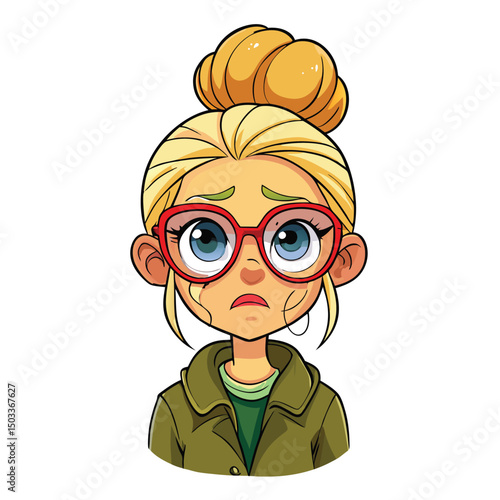 Expressive cartoon girl wearing red glasses shows sadness with a blonde bun hairstyle and jacket