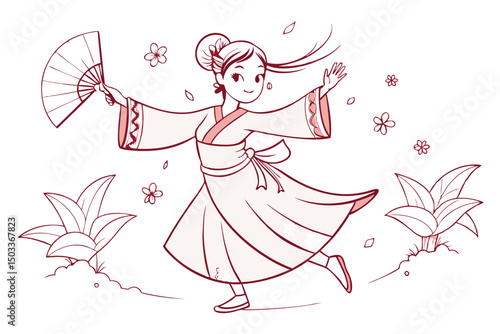 Happy Young Woman in Traditional Japanese Kimono with Fan