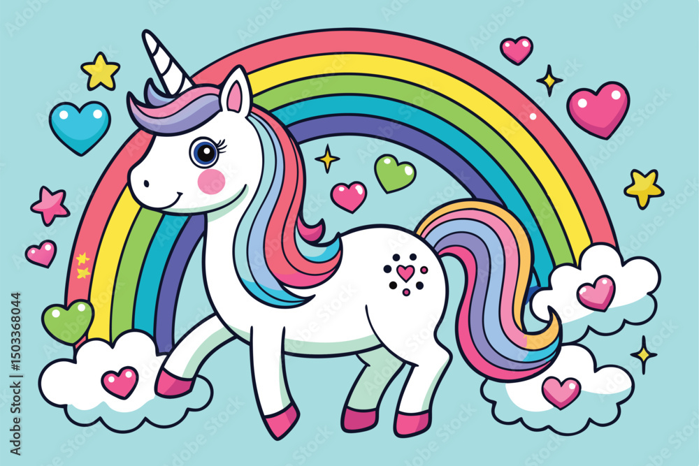 Cute Cartoon Unicorn with Rainbow and Hearts Cute Cartoon Unicorn with Rainbow and Hearts