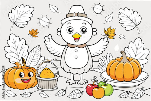 This autumn holiday set features a thanksgiving turkey and a variety of orange halloween pumpkins, a harvest of seasonal gourds and vegetables, with fall leaves, perfect for thanksgiving or halloween 