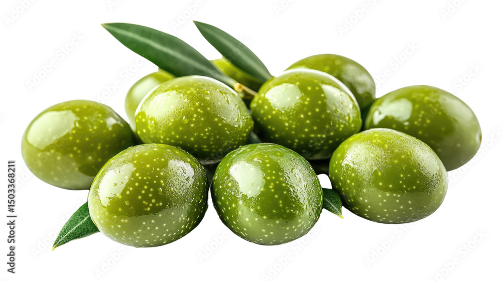Delicious green olives with leaves isolated on white background PNG Delicious green olives with leaves isolated on white background PNG