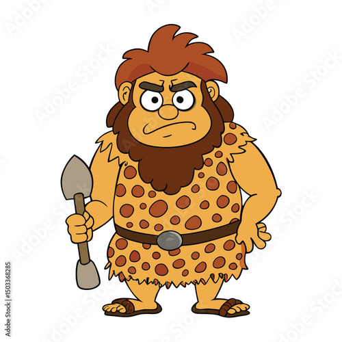 Grumpy cartoon caveman stands firmly holding a shovel wearing animal print apparel and sandals
