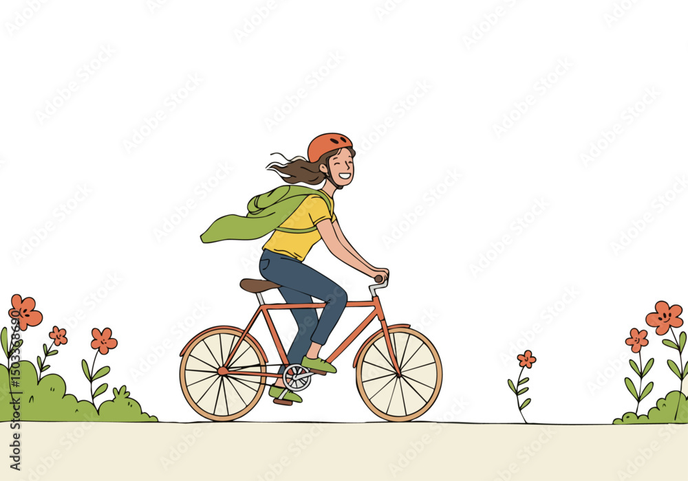 Fototapeta premium A cheerful woman cycles through a flower-filled meadow, enjoying a free ride. Vibrant colors and a relaxed pose convey joy and outdoor bliss. Perfect for lifestyle and wellness campaigns.