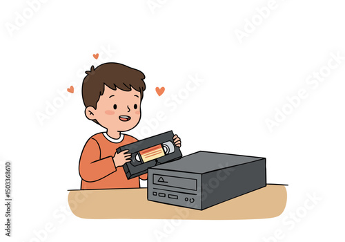 A young boy excitedly examines a computer disk drive. Bright, cheerful illustration with a playful style. Perfect for tech, education, or kids themes.