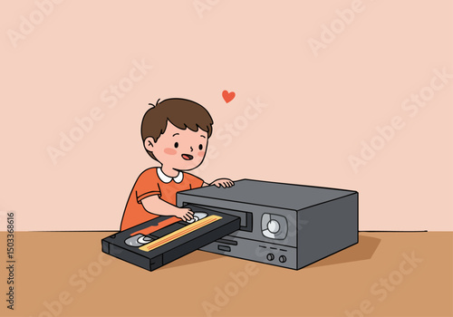 A young boy joyfully plays with an old cassette player, captivated by the nostalgic technology. Warm colors and a simple composition evoke childhood memories. Perfect for lifestyle and retro themes.