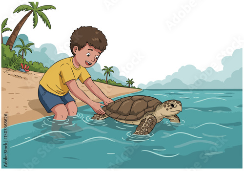 A young boy gently rescues a turtle near the ocean. Bright colors, clear composition, and a heartwarming scene. Perfect for nature, conservation, and children's themes.