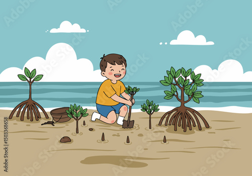 A young boy plants mangrove seedlings on a beach, symbolizing hope and environmental action. Bright, cheerful illustration with a clear composition and positive message.