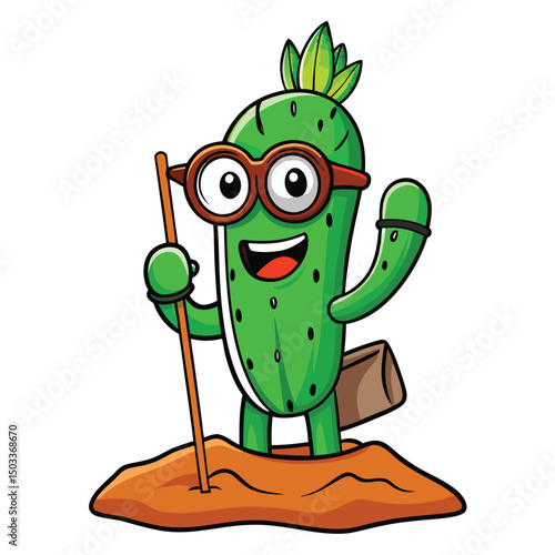 Happy cartoon cactus with glasses and sack stands in soil with stick