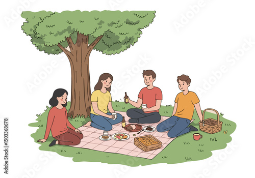 A cheerful picnic scene with friends enjoying food and drinks under a tree. Warm colors and a relaxed atmosphere. Perfect for lifestyle and summer themes.