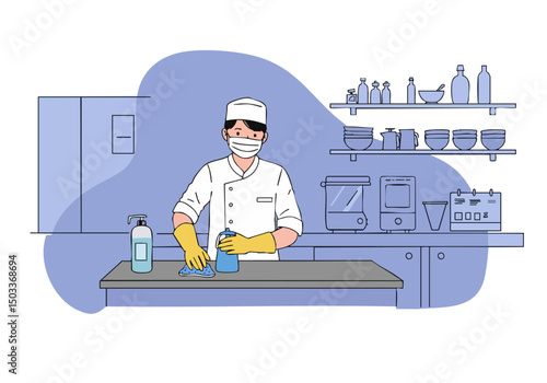 A chef diligently cleans a commercial kitchen surface with disinfectant, emphasizing hygiene and food safety. Clean, modern setting.