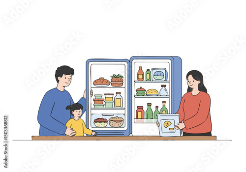 family inspects their refrigerator showcasing organized food storage A mother father and daughter examine groceries promoting healthy habits and family meal planning Clean bright and inviting