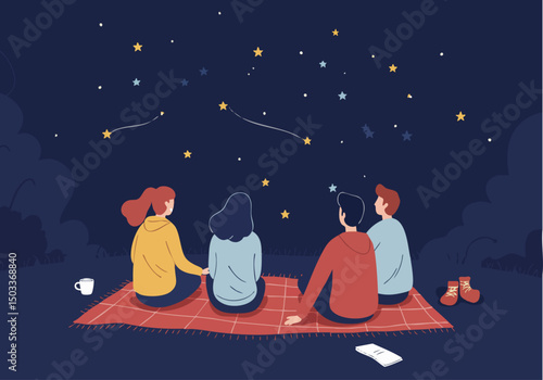 Four friends enjoy a cozy stargazing picnic under a dark, starry sky. They sit on a blanket, sharing a moment of connection and wonder. A warm, inviting scene.