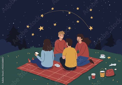 Four friends enjoy a cozy picnic under a starry night sky. They share a blanket, drinks, and smiles, creating a heartwarming moment. Perfect for lifestyle and connection themes.
