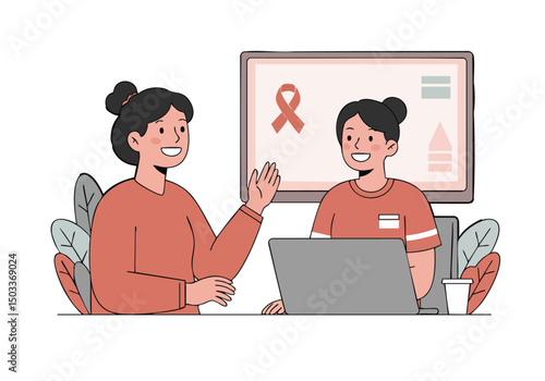 Two smiling women connect virtually, one wearing a pink ribbon, symbolizing hope and survival. A laptop and supportive background create a positive, encouraging scene. Illustration style.