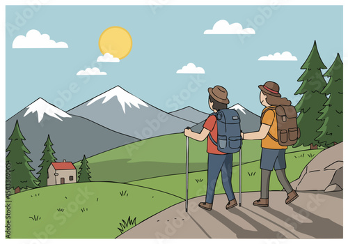 Two hikers enjoy a scenic mountain trail, using trekking poles. A charming cottage sits in the distance under a bright sun. Perfect for outdoor adventure and travel imagery.