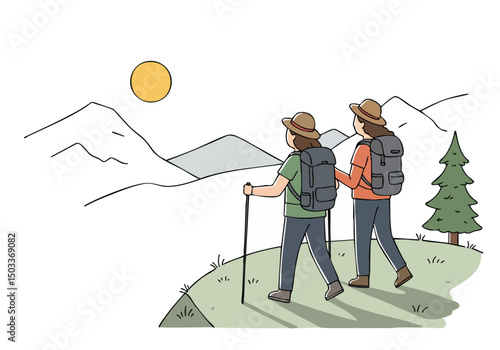 Two hikers enjoy a scenic mountain trail, using trekking poles and backpacks. A bright sun illuminates the landscape. Perfect for outdoor adventure visuals.