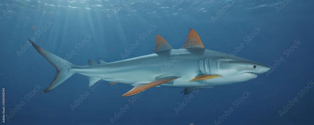 Obraz premium Fierce orange-finned shark, blue ocean backdrop, underwater world, dangerous animal, shark