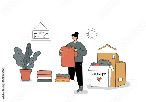 A woman organizes clothing for charity, showcasing kindness and generosity. A warm, inviting scene with a donation box and neatly stacked garments. Modern illustration style.