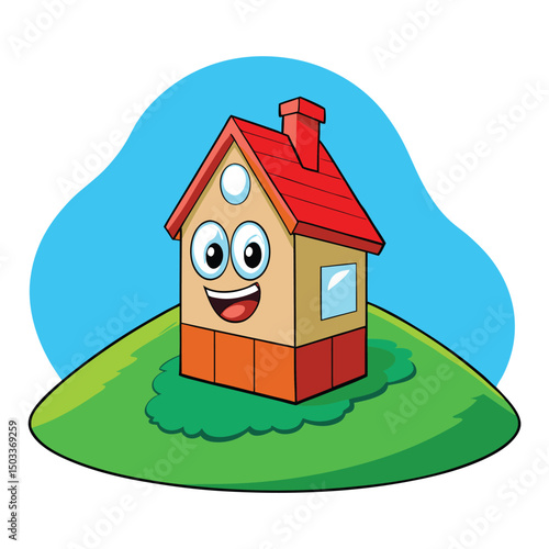Happy cartoon house featuring a red roof and smiling expression sits on green lawn