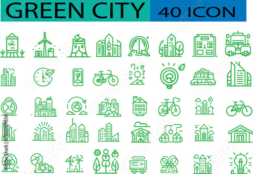 Set of green city line icons vector .