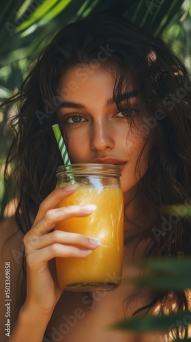 Indian Woman Sipping Tropical Mango Juice in Glass Jar Outdoors