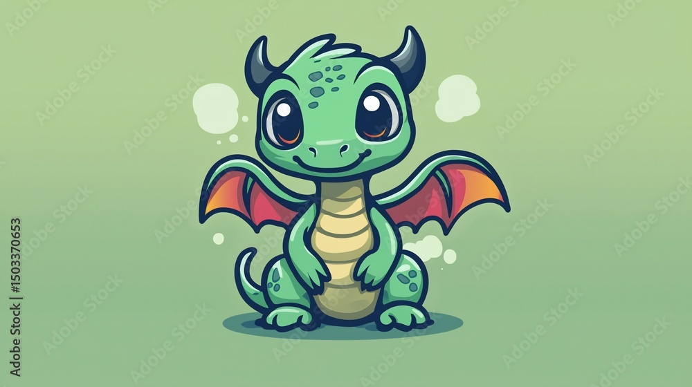 Naklejka premium Cute Dragon Sitting, Cartoon Style