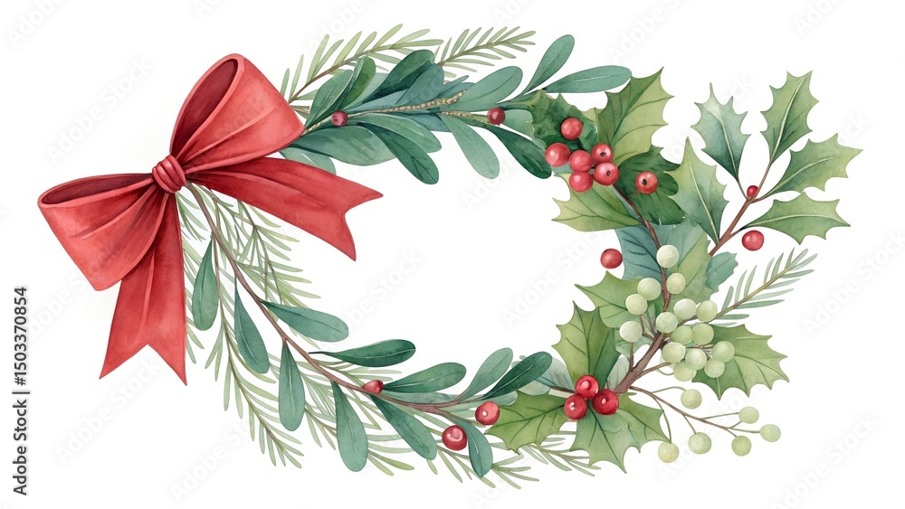 Naklejka premium christmas wreath with mistletoe leaves and bow watercolor