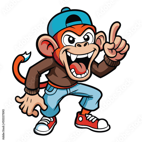 Joyful monkey cartoon character strikes a stylish pose with cap, jeans, and a raised finger