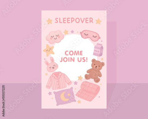 Watercolor illustration of cute sleepover party invitation with bunny slippers, pajamas, and pillow. Soft pastel palette. Perfect for nursery and kids designs